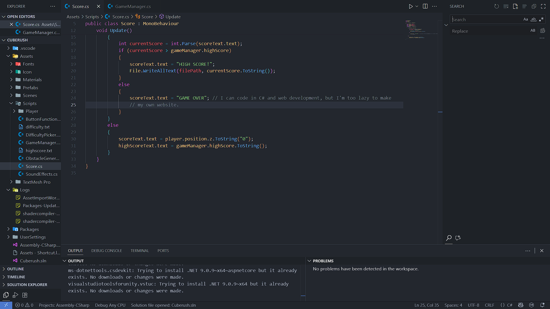 Screenshot of C# coding in VSCode.
